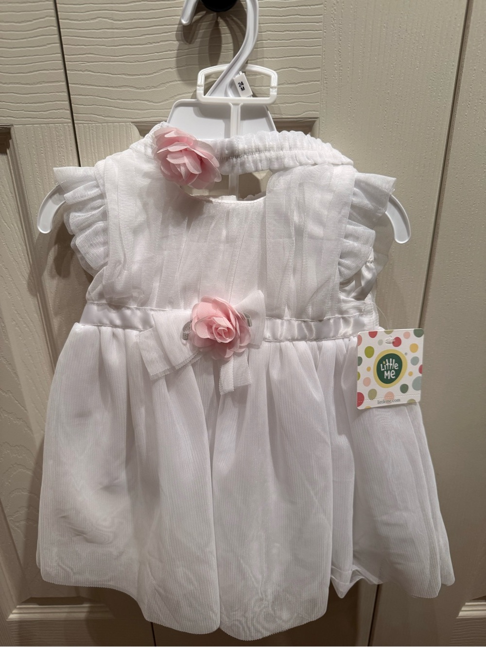 Little Me White Dress with Pink Rose Accents
